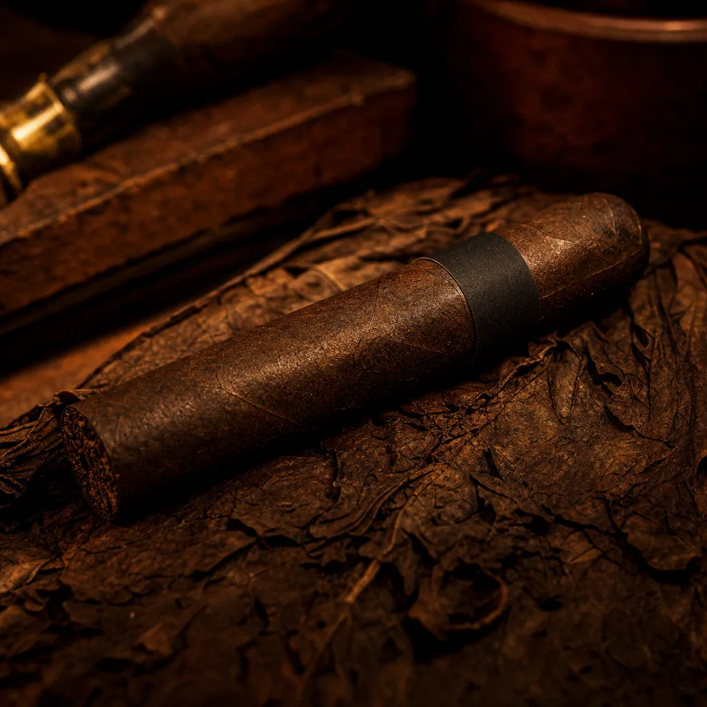 The Chovy Cigar on a bed of cured tobacco leaf