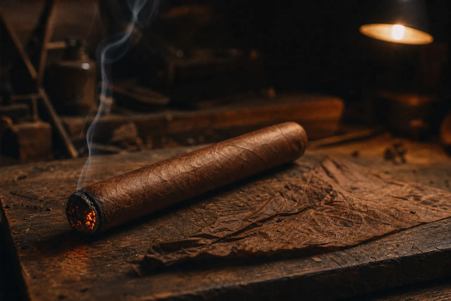 A hand rolled cigar smoking on a workshop bench beside a cured tobacco leaf