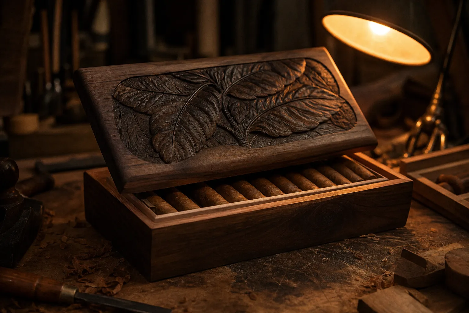 A hand-carved walnut humidor with tobacco leaves carved into the lid, open over a row of cigars