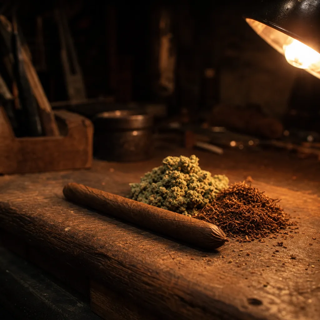 A leaf-wrapped spliff beside cannabis flower and ground cigar tobacco