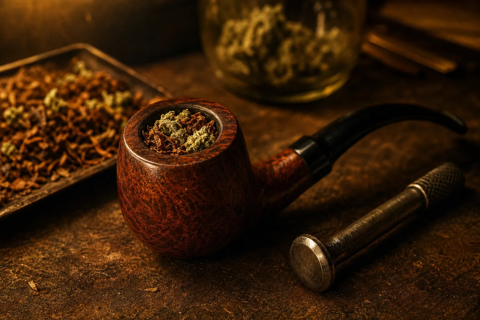 A briar tobacco pipe packed with cigar tobacco and cannabis flower, next to a pipe tamper
