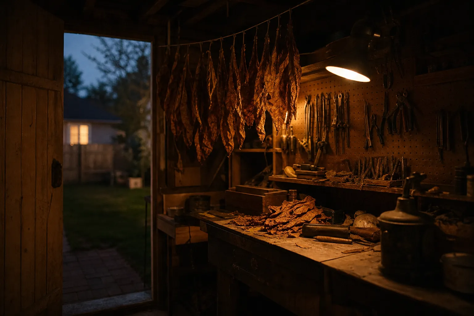 Inside a small backyard workshop at dusk, tobacco leaves hanging to cure over the bench